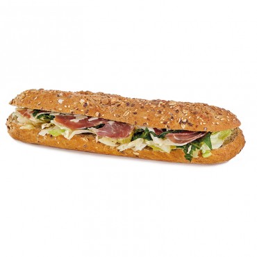 Sandwich La Ballade Provençale Ingrédients : Jambon sec, mozzarella, pesto de roquette, salade. 3 sortes de pains disponibles...